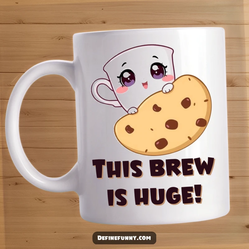 Funny mug featuring a curious teacup peeking at a giant cookie with wide, surprised eyes, celebrating sweet indulgence and humor.