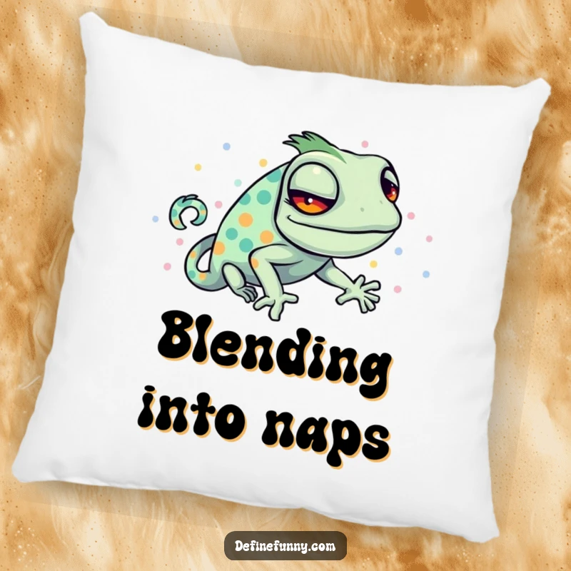 Funny pillow featuring a sly chameleon hilariously trying to blend with a bright, polka-dotted pattern.