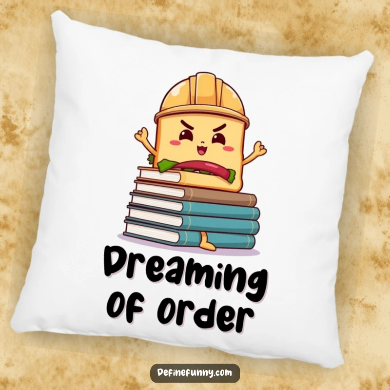 Funny Sandwich Book Balance Pillow: A determined sandwich in a hard hat balances wobbly books, a soft and funny accent pillow.