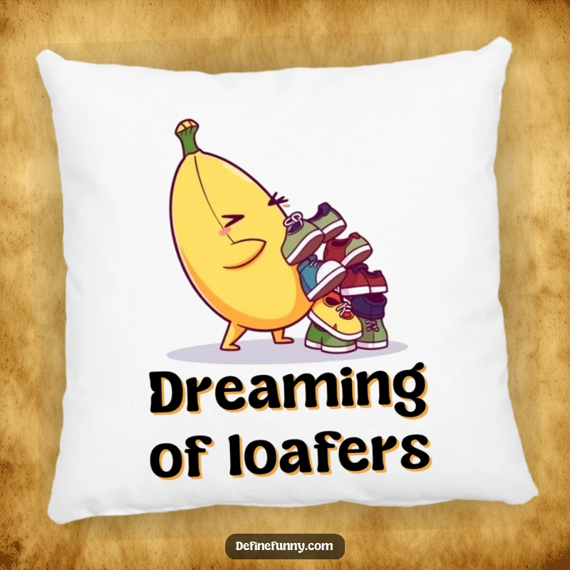 Funny pillow featuring a winking banana character precariously balancing numerous tiny, mismatched shoes. Soft and humorous.