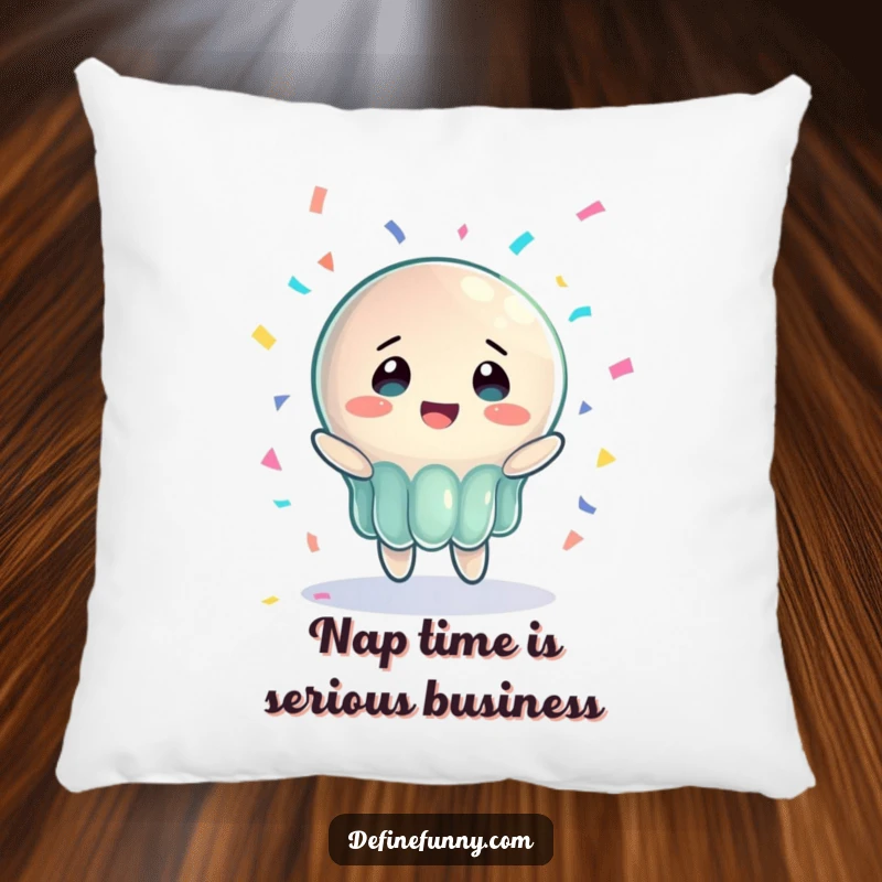 Funny pillow showcasing a jelly character with bewildered joy trying to catch a falling piano, a comfortable and humorous gift.
