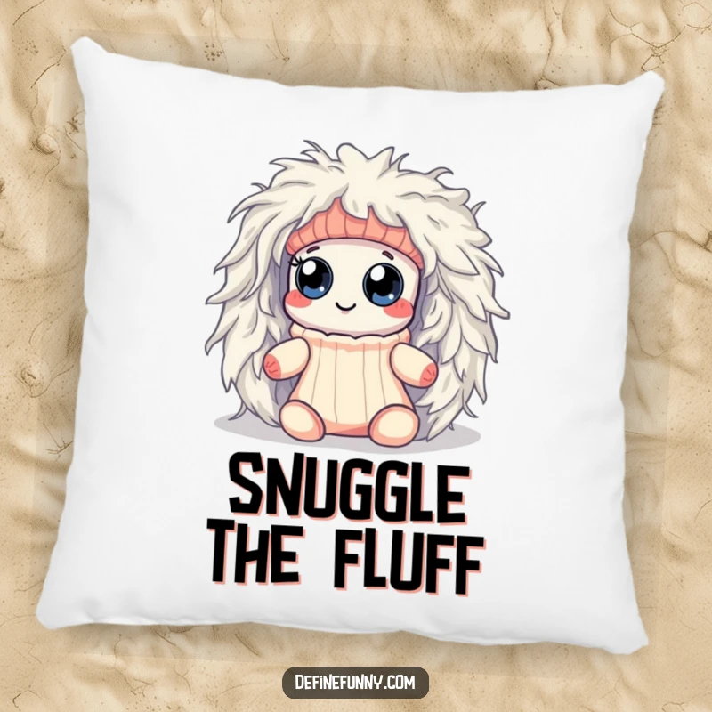 Funny Kawaii sock character with googly eyes, comically caught inside a large, fluffy dryer lint monster, featured on a soft pillow.