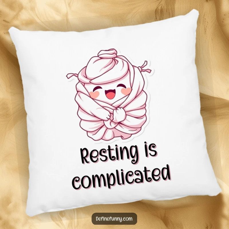 Funny Pillow: Giggling pile of laundry character comically tied in knots, offering humorous comfort and a relatable addition to home decor.