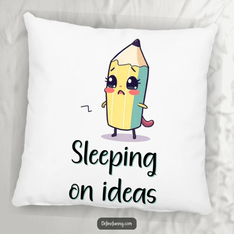 Funny pillow featuring a cute, sentient pencil character nervously drawing its own escape path. Soft and humorous decor.
