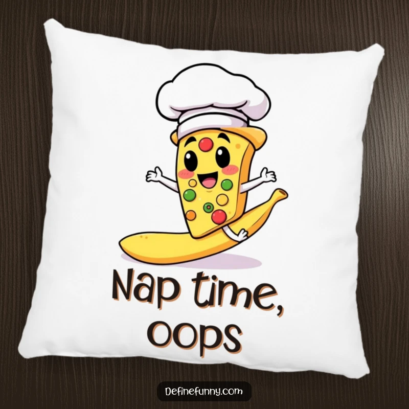 Funny pillow featuring a pizza slice chef in a hat slipping on a banana peel, adding humor to home decor.