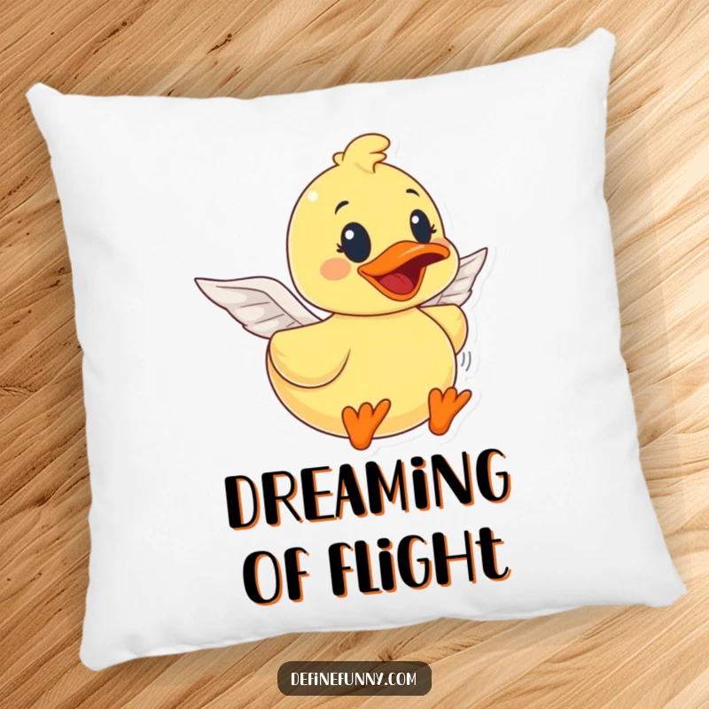 Funny rubber duck character with tiny paper wings, mid-flight attempt, printed on a soft pillow, a wonderfully funny gift.
