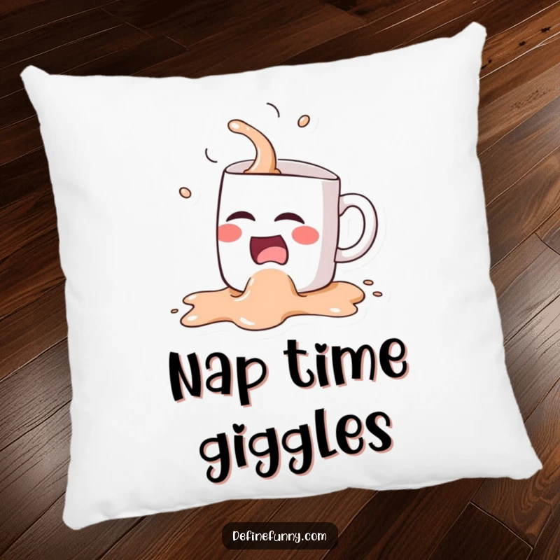 Funny Kawaii coffee mug character, hilariously spilling itself while laughing, featured on a soft and humorous pillow.