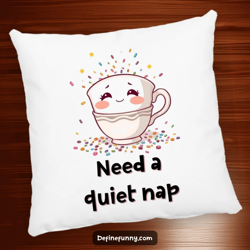 Funny pillow with a shy teacup character with rosy cheeks hiding from falling confetti, a humorous and cozy introvert gift.