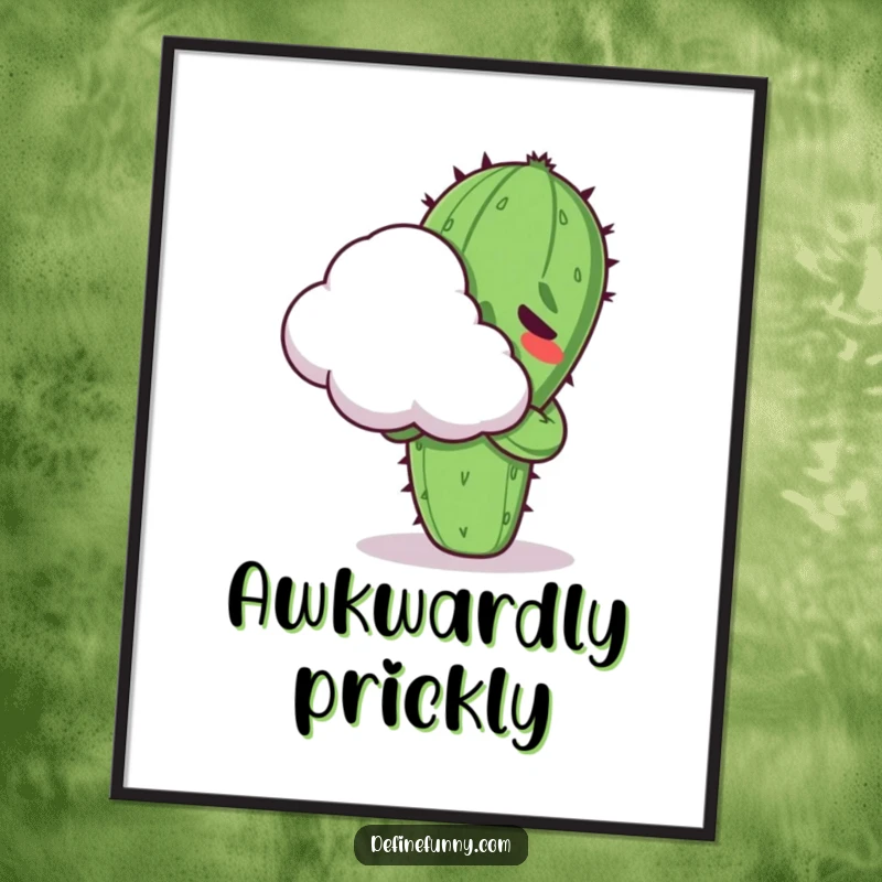 Funny Kawaii cactus character, looking uncomfortable while attempting to hug a fluffy cloud, presented as digital art for humorous decor.