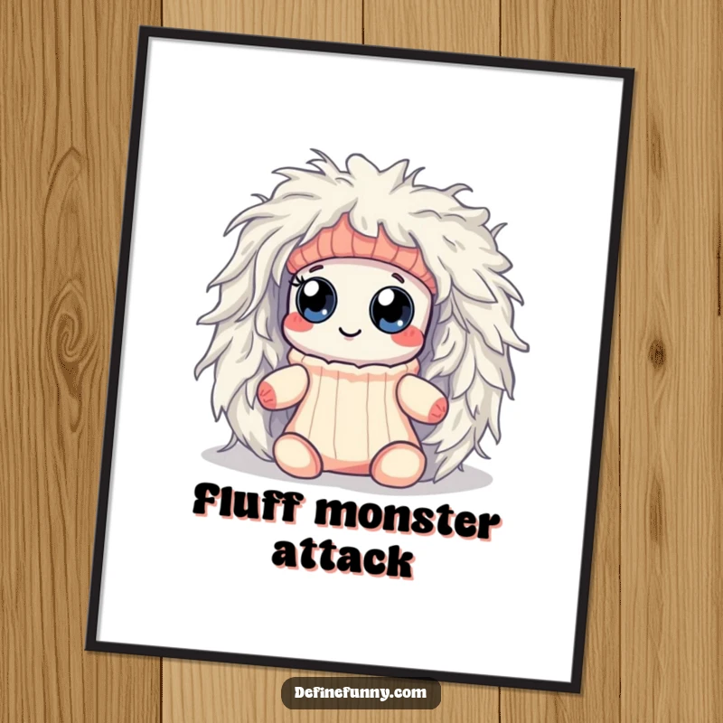 Funny Kawaii sock character with googly eyes, hilariously ensnared by a dryer lint monster, presented as digital art for humorous decor.