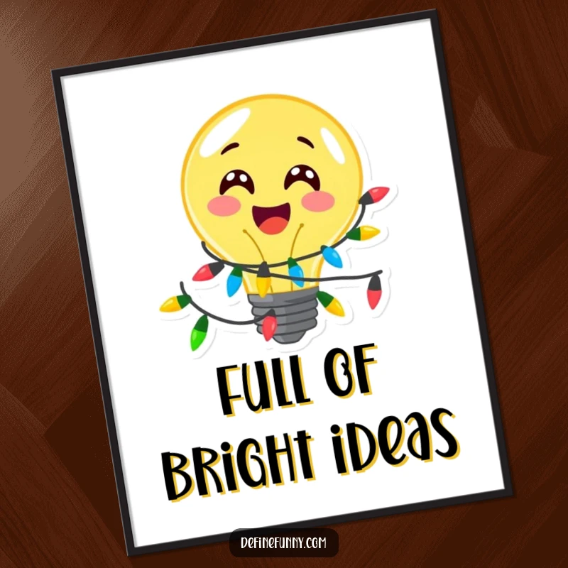 Funny, delighted lightbulb character adorned with festive lights, as a digital art print, a perfect funny gift.