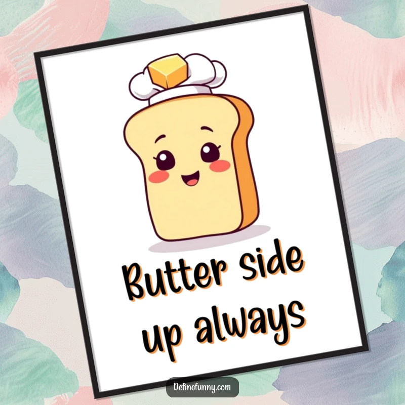 Funny digital art print of a bread loaf chef slipping on butter, a humorous and downloadable design for instant wall decor.