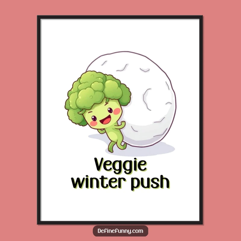 Funny Broccoli Snowball Digital Art: Optimistic Veggie Uphill Print