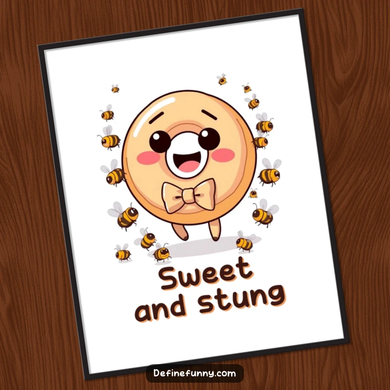 Funny donut character in bow tie, chased by angry bees, digital art print for immediate humor.