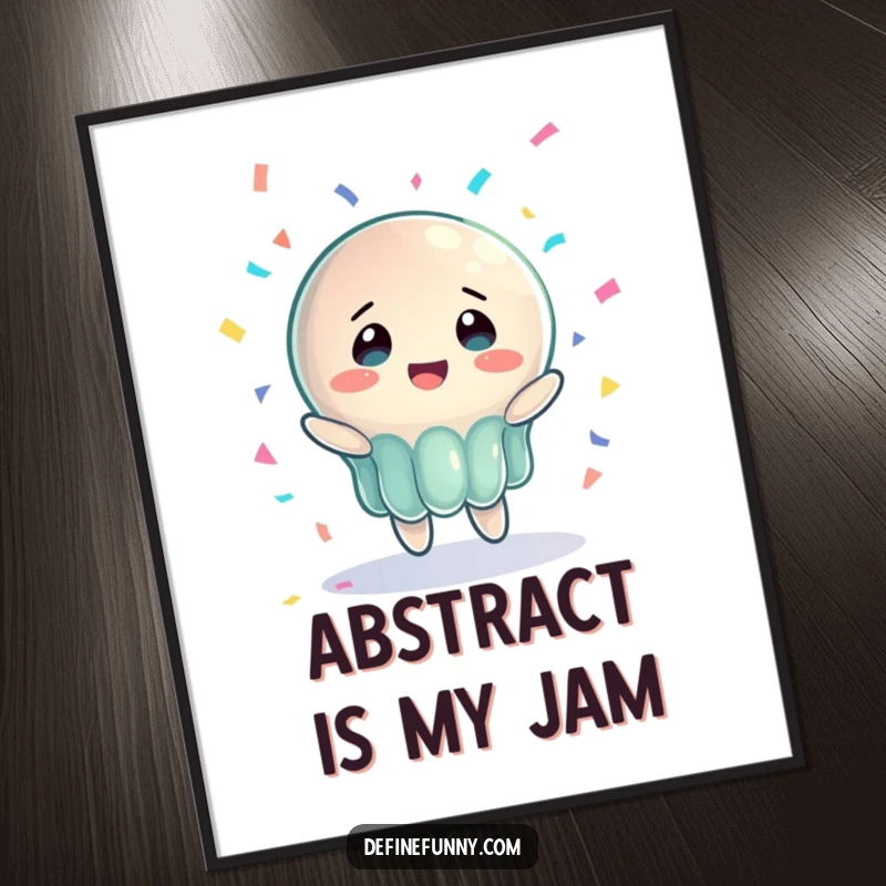 Funny digital art print of a jelly character with bewildered joy, hilariously attempting to catch a falling piano, a humorous gift.