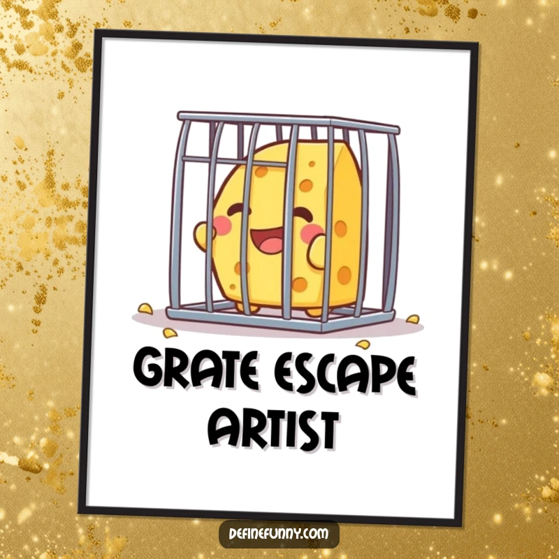 Funny Kawaii cheese character, full of glee, attempting to break out of a tiny cage, presented as digital art for humorous decor.