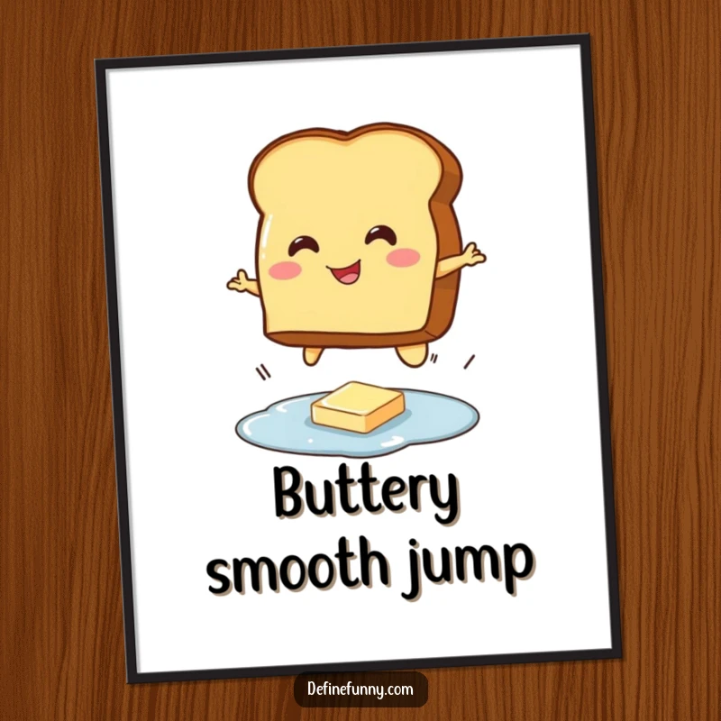 Funny digital art print of a smiling toast character attempting a jump over a tiny butter puddle, a whimsical breakfast scene.
