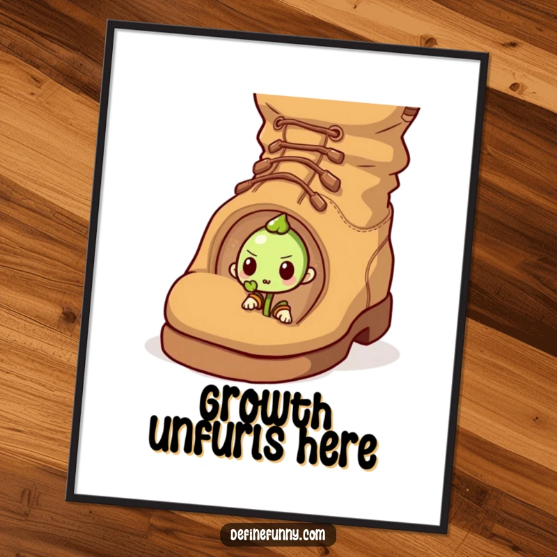 Funny digital art print of a determined sprout pushing through a giant, comical boot, perfect for decor.