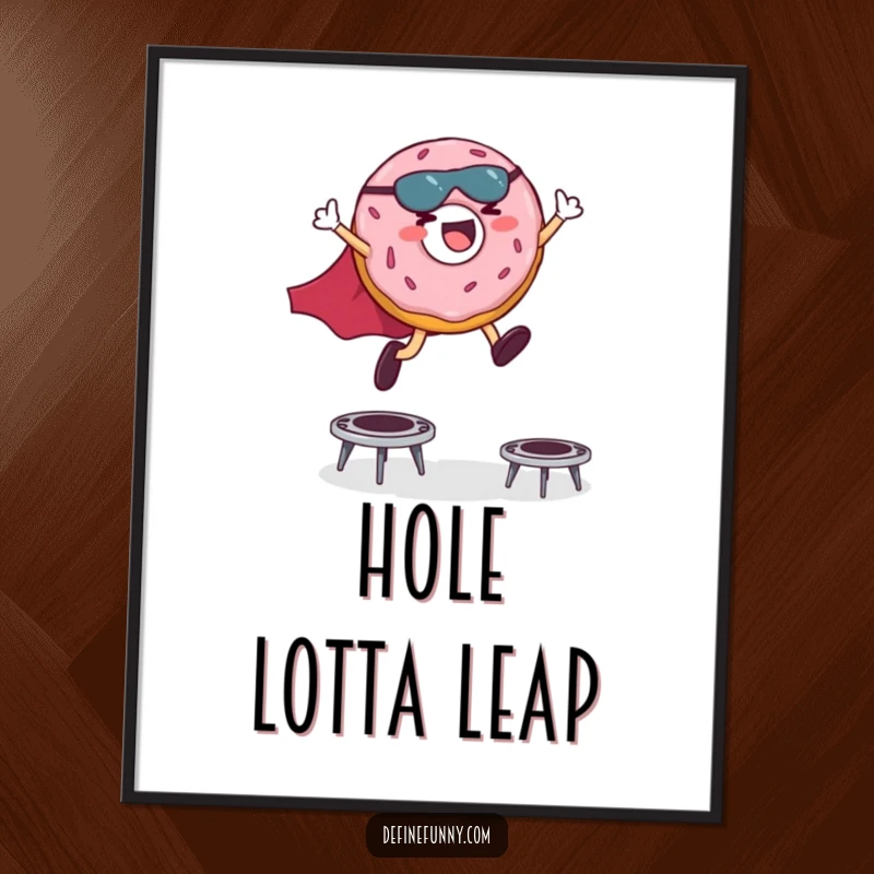 Funny digital art print of a giggling donut character in a superhero cape leaping high over small trampolines.