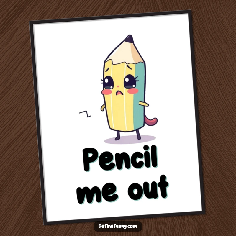Funny digital art print of a cute, nervous pencil character drawing its own escape route. Instantly downloadable humor.
