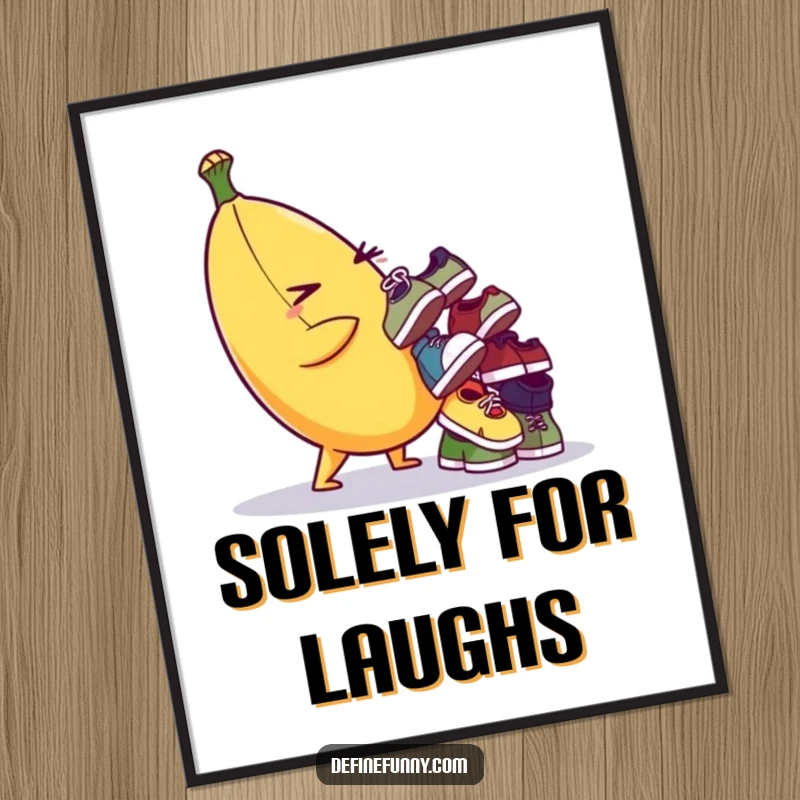 Funny digital art print of a winking banana character balancing a teetering pile of tiny, mismatched shoes. Instant decor.