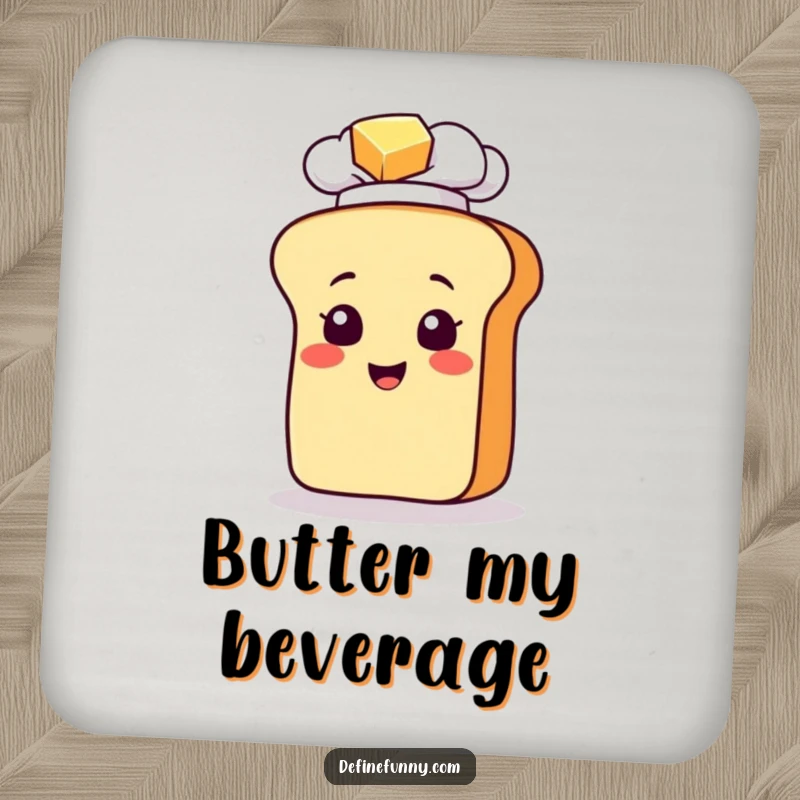 Funny drink coaster with a bread loaf chef character slipping on butter, a humorous accessory for tables and drinks.