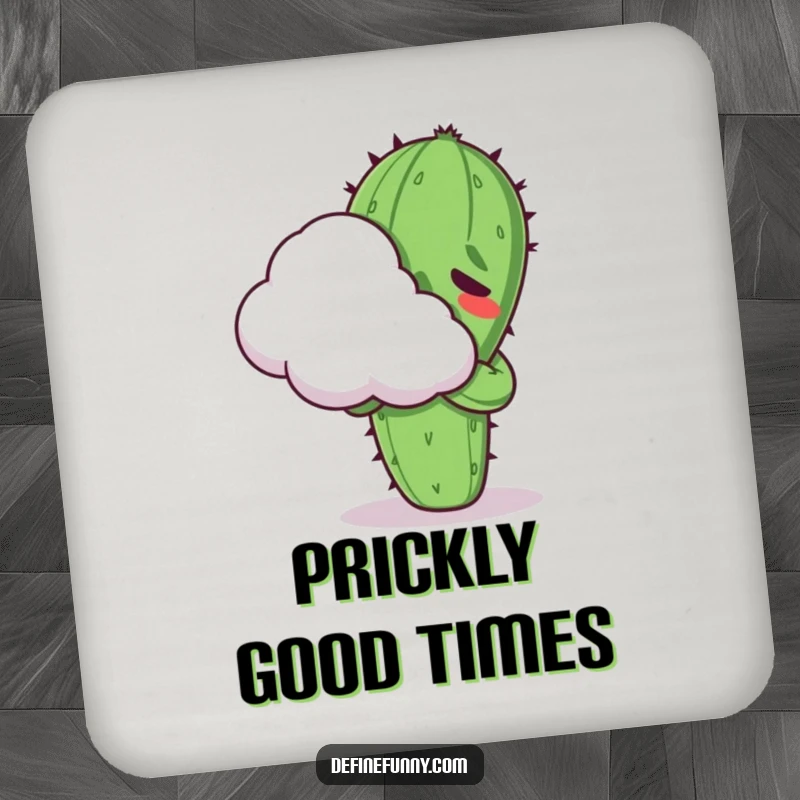 Funny Kawaii cactus character, looking uncomfortable while hugging a cloud, depicted on a drink coaster.