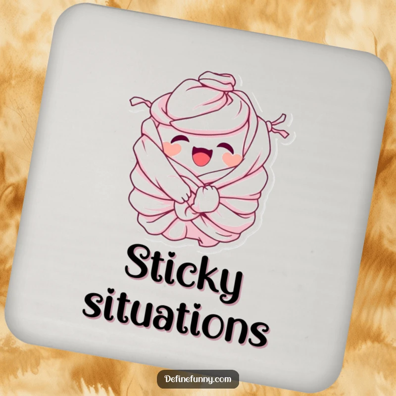 Funny Drink Coaster: Giggling pile of laundry character comically tied in knots, humorously protecting surfaces with a touch of domestic chaos.