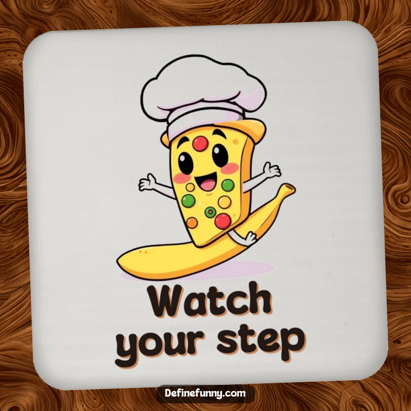 Funny drink coaster showing a pizza slice chef slipping on a banana peel, functional and humorous.
