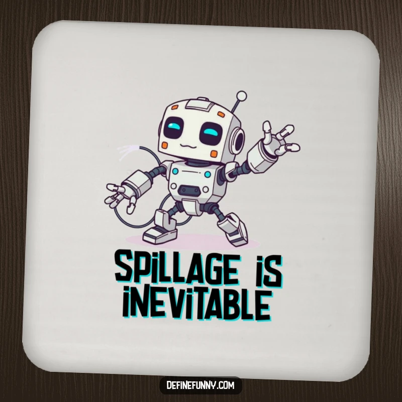 Funny drink coaster depicting a robot tripping over its own wire, protecting surfaces with a side of mechanical comedy.