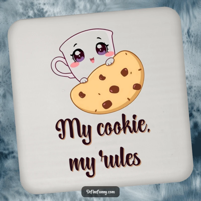 Funny drink coaster with a teacup character surprised by a giant cookie, a humorous accessory for tables and drinks.