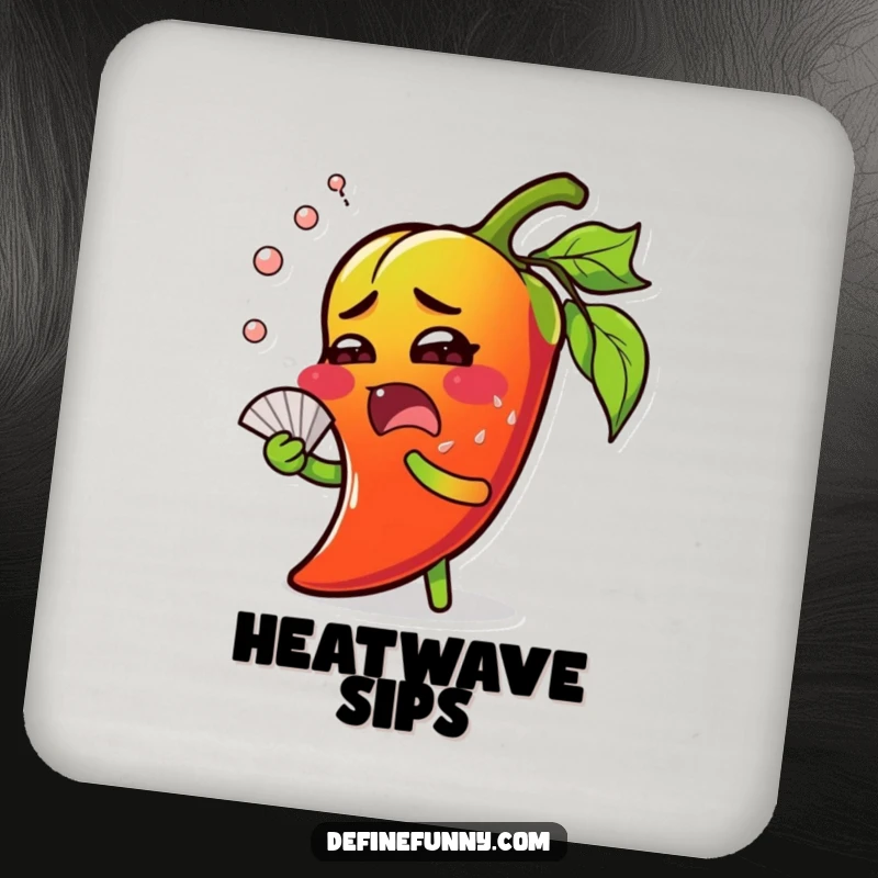 Funny chili pepper coaster, surprised expression, sweating and fanning itself, protects surfaces with humor.