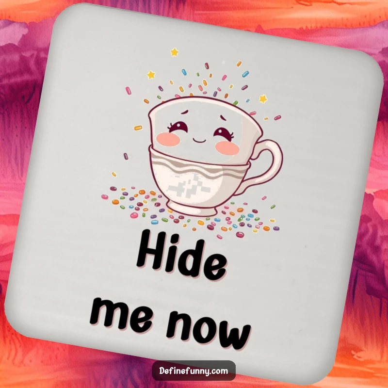 Funny coaster showcasing a shy teacup character with rosy cheeks hiding from falling confetti, a humorous and practical introvert gift.