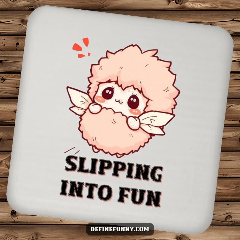 Funny bewildered slipper character with paper wings attempting flight, on a drink coaster.