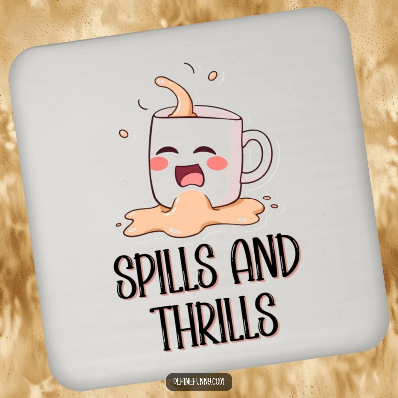 Funny Kawaii coffee mug character, hilariously spilling itself while laughing, depicted on a drink coaster.