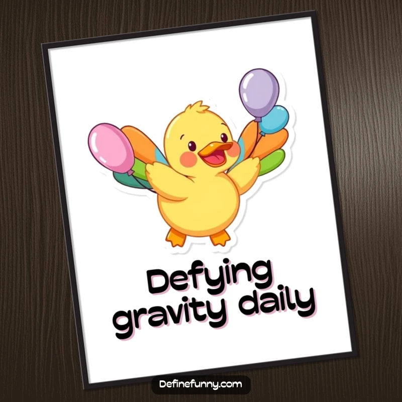 Funny poster showing a happy rubber duck character with colorful balloon wings attempting to fly, celebrating whimsical dreams.