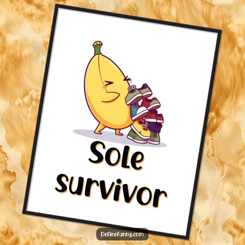 Funny poster print of a plump banana winking while balancing a precarious pile of small, assorted shoes. Whimsical art.