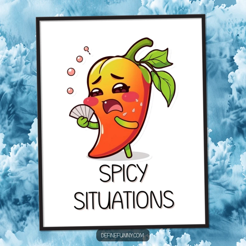 Funny chili pepper poster, surprised expression, sweating profusely and fanning itself, humorous wall art.