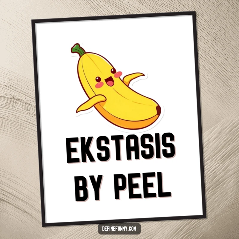 Funny Kawaii banana character in ecstatic motion, sliding down its peel, presented as vibrant and humorous wall art.