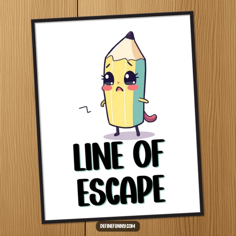 Funny poster print of a cute, nervous pencil character sketching its own escape route. Humorous artwork for walls.