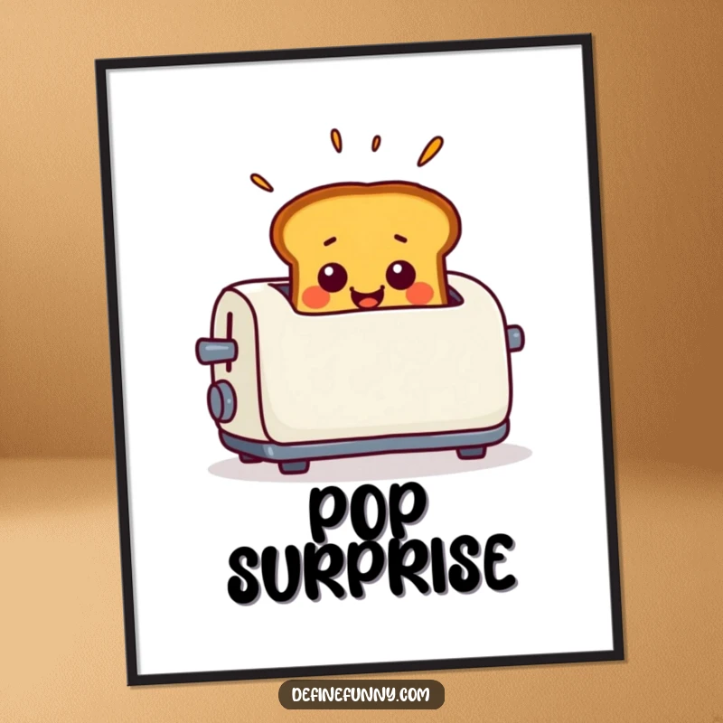 Funny Poster showing smiling toast popping out of a toaster with exaggerated surprise, perfect for cheerful wall decor.