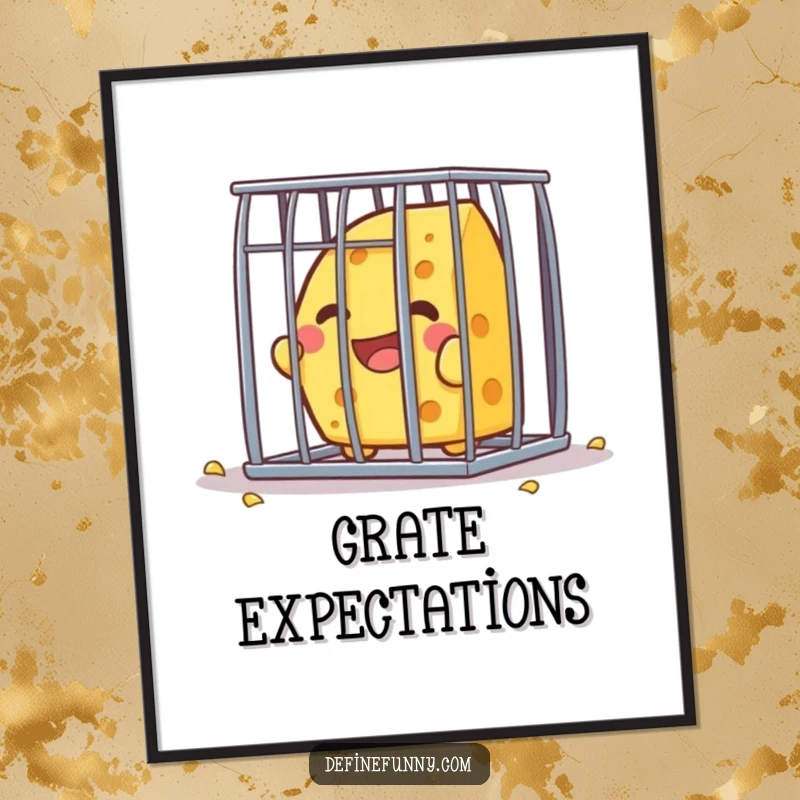 Funny Kawaii cheese character, full of glee, attempting to break out of a tiny cage, presented as vibrant wall art.