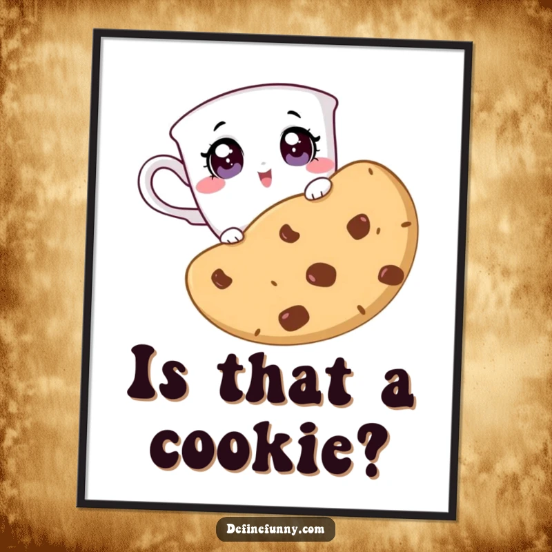 Funny poster showing a teacup character surprised by a giant cookie, perfect for whimsical and humorous wall decor.