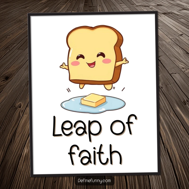 Funny poster art of a smiling toast character executing a jump over a tiny puddle of butter, celebrating breakfast ambition.