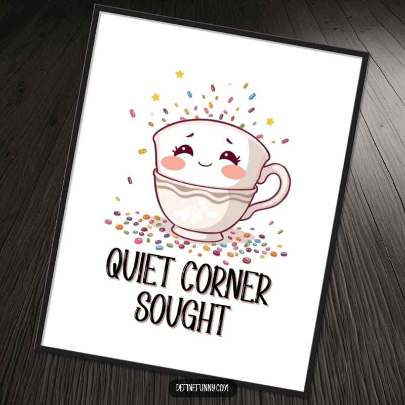 Funny poster depicting a shy teacup character with rosy cheeks hiding from falling confetti, a humorous and relatable wall art gift.