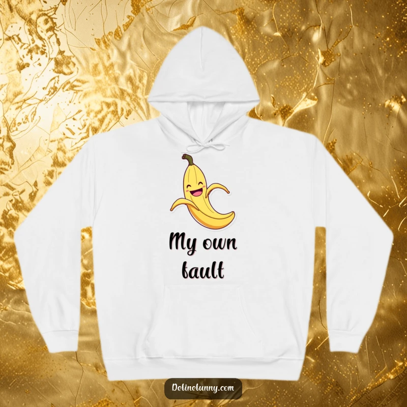 Funny Banana Peel Slip Hoodie: Warm sweatshirt with a grinning banana peel in mid-slip with exaggerated flair, a funny and cozy addition.
