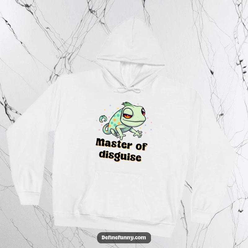Funny hoodie with a sly chameleon trying to blend with a bright, polka-dotted pattern, a perfect gift.