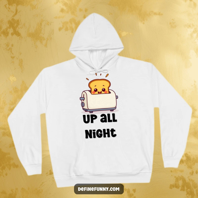 Funny Hoodie featuring smiling toast popping out of a toaster with exaggerated surprise, radiating warmth and humor.