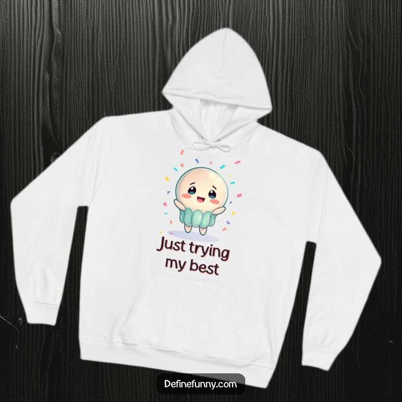 Funny hoodie displaying a jelly character in a moment of bewildered joy, attempting to catch a falling piano, a great funny gift.