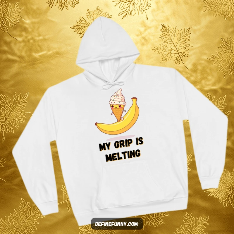 Funny Ice Cream Cone Hoodie: A sprinkle-covered character hilariously slipping on a banana peel, a soft and warm funny gift.